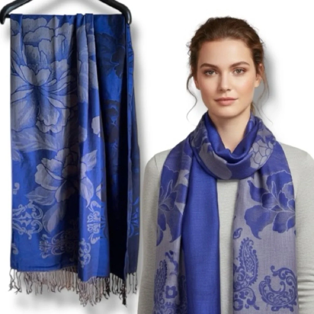 Large Damask Floral Print Scarf/Wrap | Blue/Purple with Twisted Fringes 68”x20”